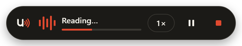 Uttr bar while reading: logo, sound wave, progress line, speed, pause and stop buttons