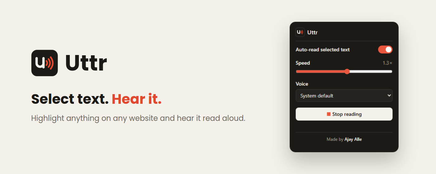 Uttr browser extension: select text, hear it. Highlight anything on any website and hear it read aloud.