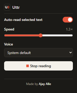 Uttr extension popup: auto-read toggle, speed slider, voice picker and stop button