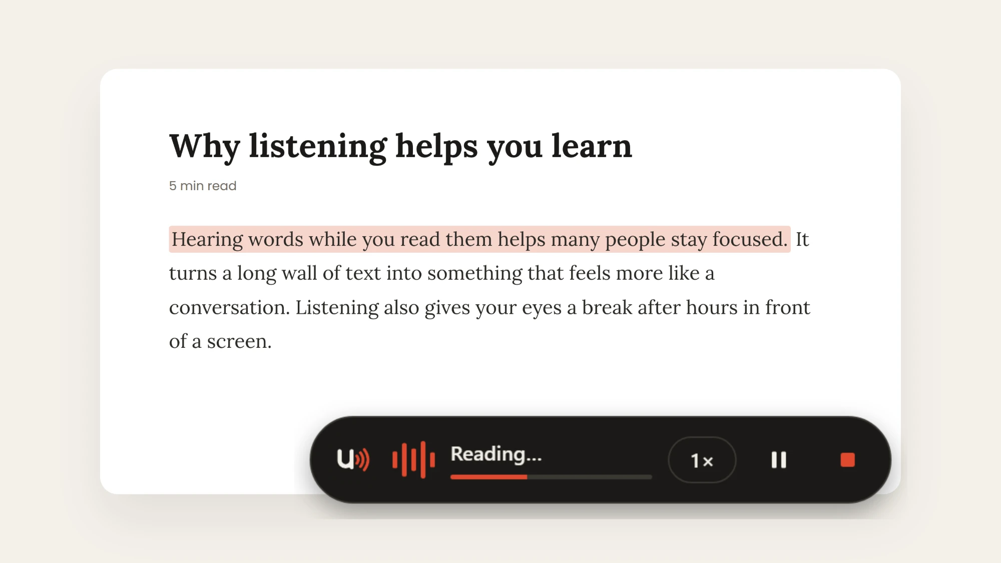 An article titled 'Why listening helps you learn' with one sentence highlighted, and the Uttr bar below it reading it aloud